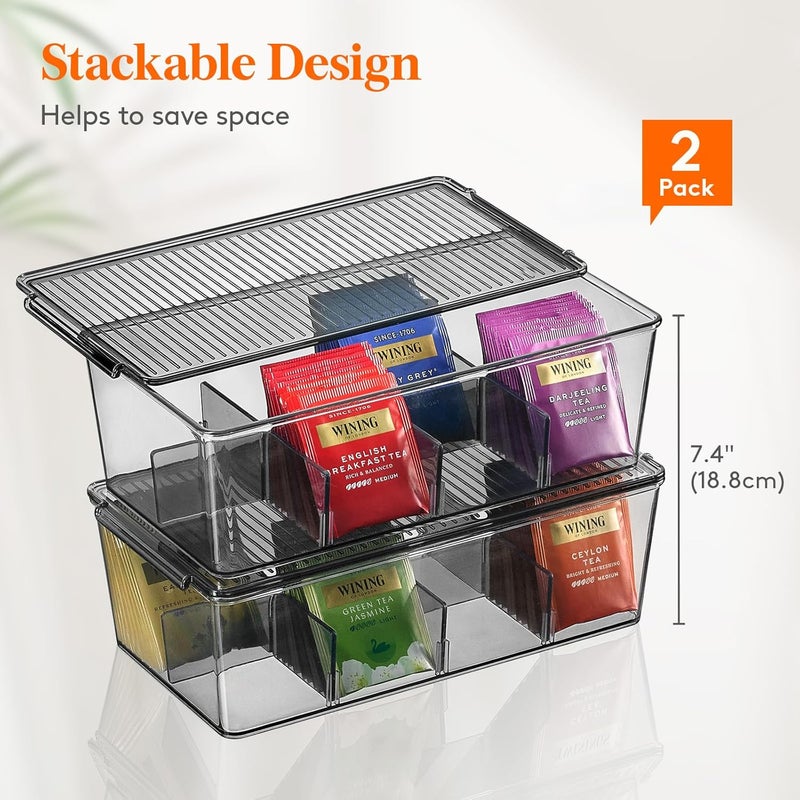 Lifewit Plastic Black Tea Bag Organizer, Divided Storage Bin Box with 8 Compartments, Holds Coffee Pods, Sugar Packets, Condiments, Snacks for Countertop, Cabinet, 2 Pack - Image 3